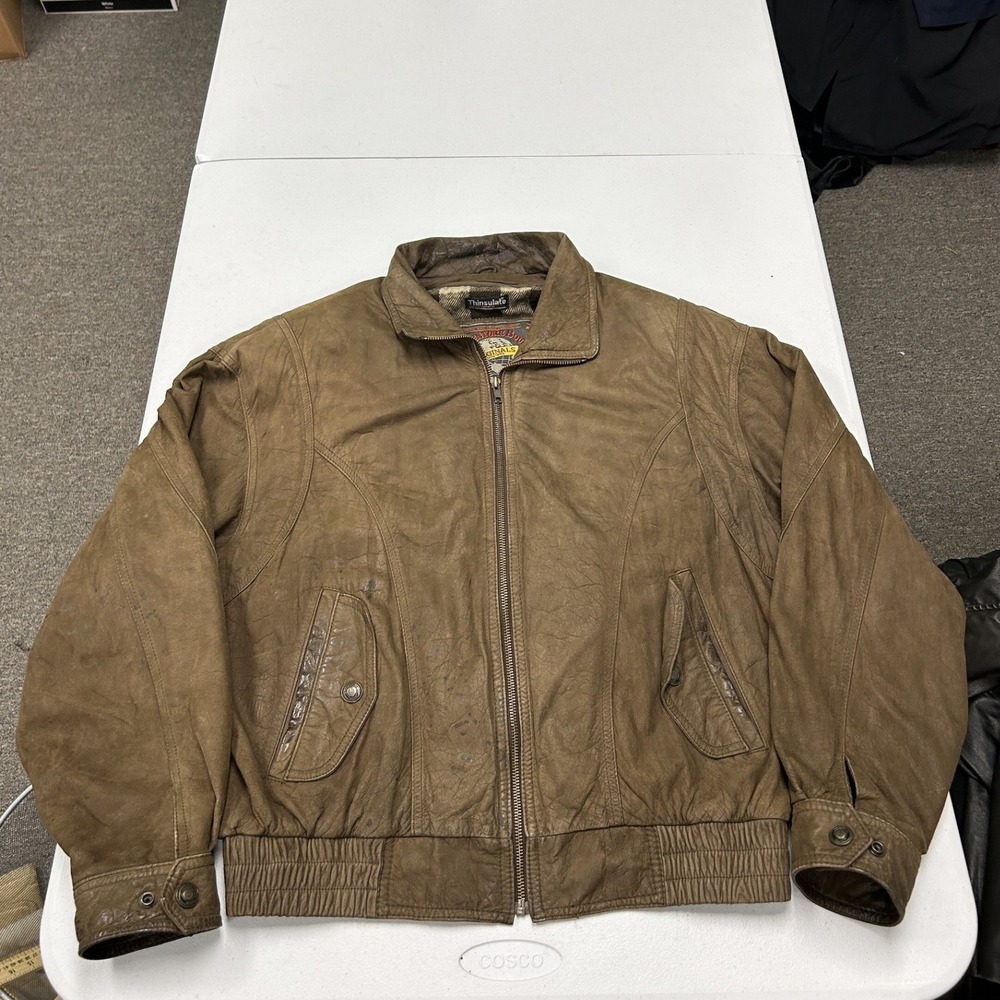 Adventure Bound Leather Bomber Jacket Mens Medium Brown Thinsulate Plaid Lining